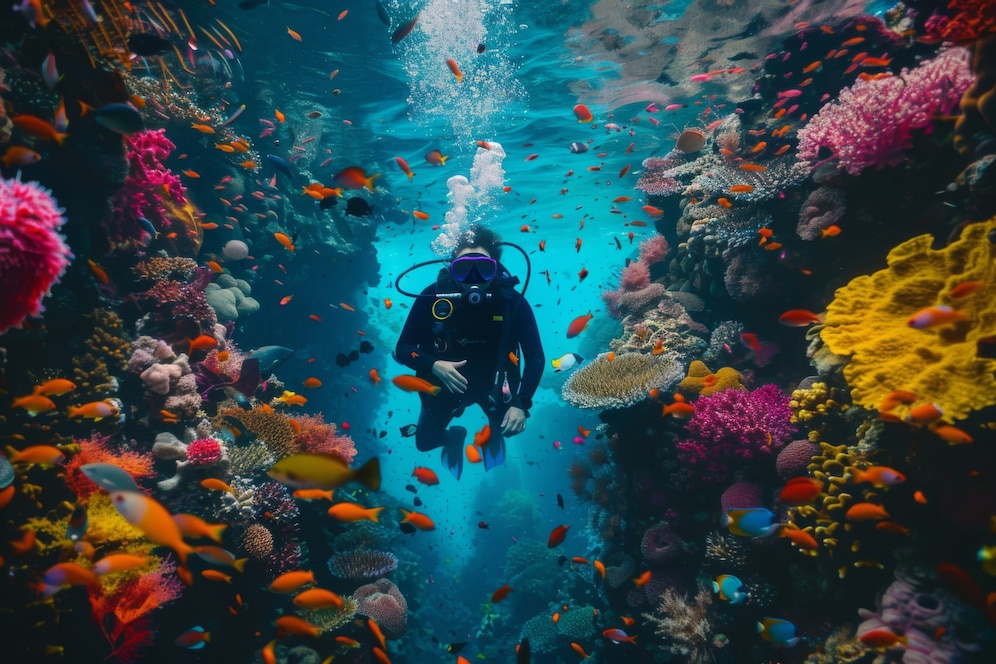 A diver explores a vibrant coral reef teeming with colorful fish and coral formations in crystal-clear water.