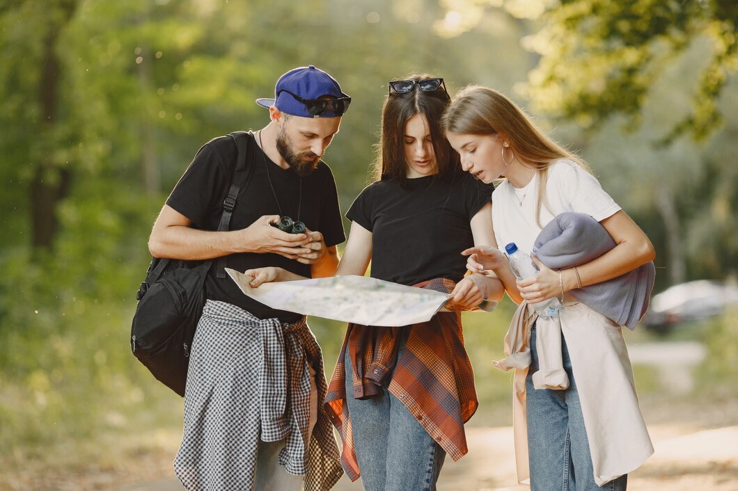Three friends study a map outdoors, surrounded by greenery, as they plan their adventure. One holds a camera and another a water bottle.