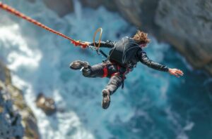 A thrill-seeker free-falls from a cliff, harnessed to a rope, with crashing waves below and rocky terrain surrounding.