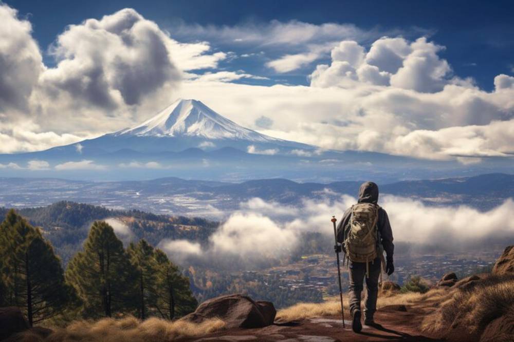 A hiker with a backpack walks towards snow-capped Mount Fuji, surrounded by clouds and trees under a bright blue sky.
