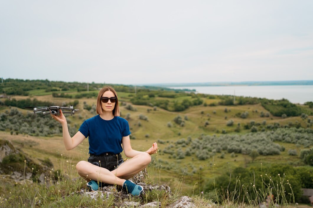 A person sitting cross-legged on a rock, peacefully holding a drone, surrounded by a scenic green landscape and a lake in the distance.