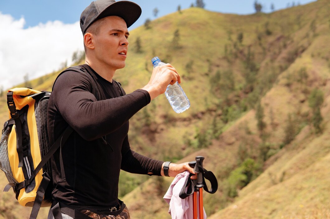 A hiker in a black long-sleeve shirt is taking a drink from a water bottle, with a backpack and trekking pole at a scenic hillside.