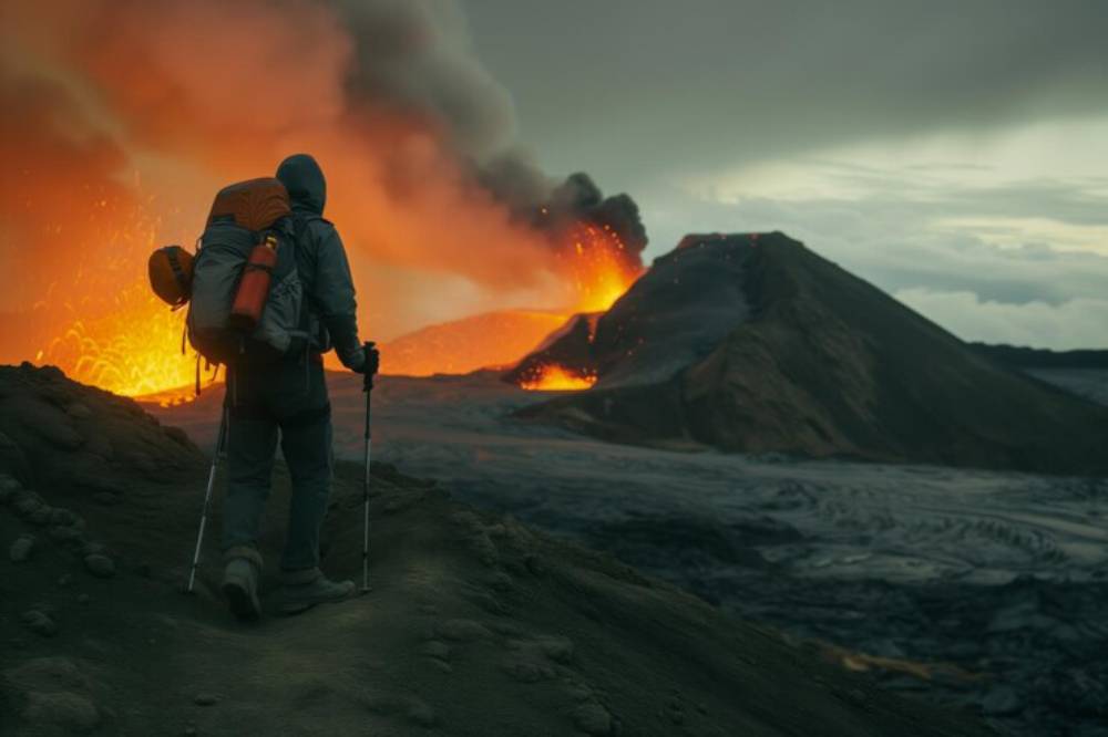 A hiker with a backpack approaches an erupting volcano, surrounded by molten lava and ash against a dramatic sky.