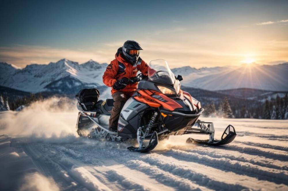 A snowmobiler in an orange jacket rides through snowy terrain at sunset, with mountains in the background and snow kicking up behind.