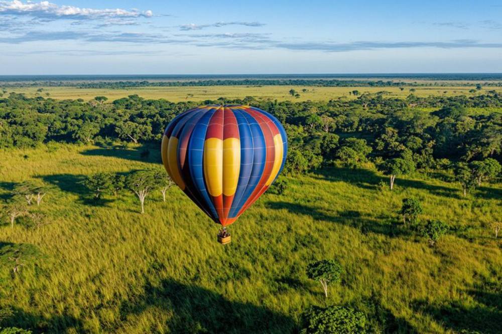 A colorful hot air balloon floats above lush green fields and trees, under a clear blue sky near a tranquil body of water.