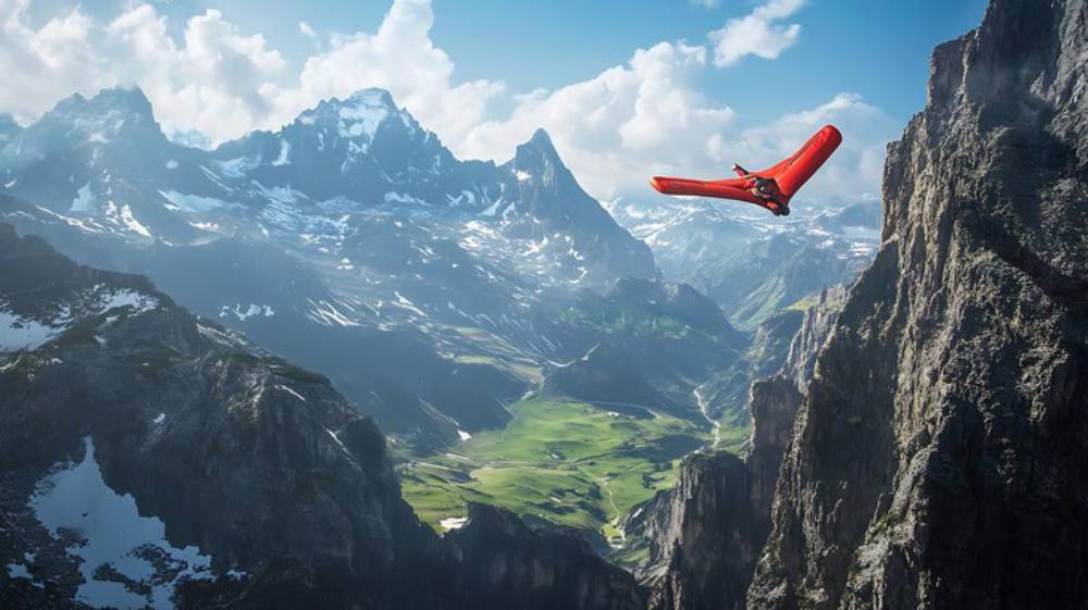 A wingsuit athlete glides above stunning mountain peaks, with lush green valleys and snow-capped summits under a clear blue sky.