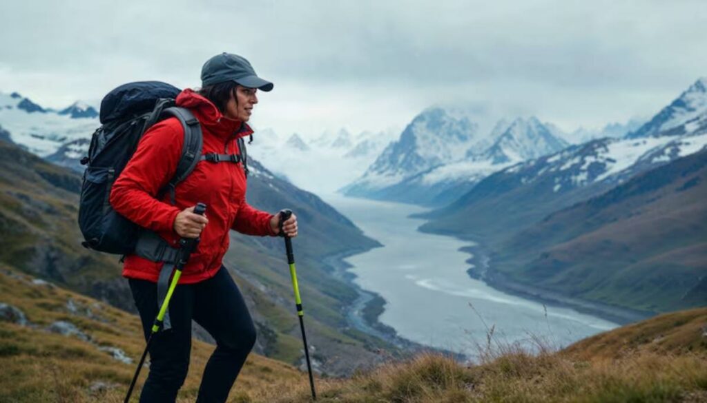 A hiker in a red jacket ascends a mountain trail, surrounded by snow-capped peaks and a winding river in a scenic valley.