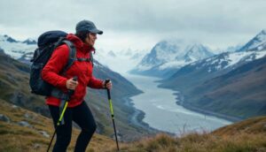 A hiker in a red jacket ascends a mountain trail, surrounded by snow-capped peaks and a winding river in a scenic valley.