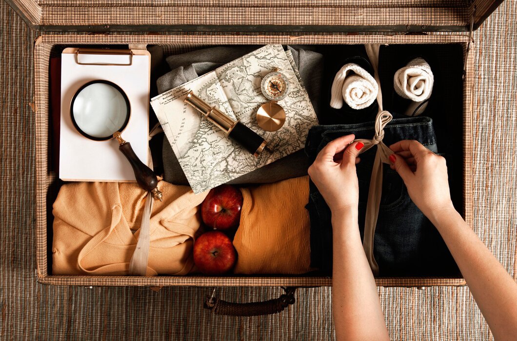 A neatly packed suitcase with clothing, apples, a map, magnifying glass, compass, and hands tying a ribbon around the items.