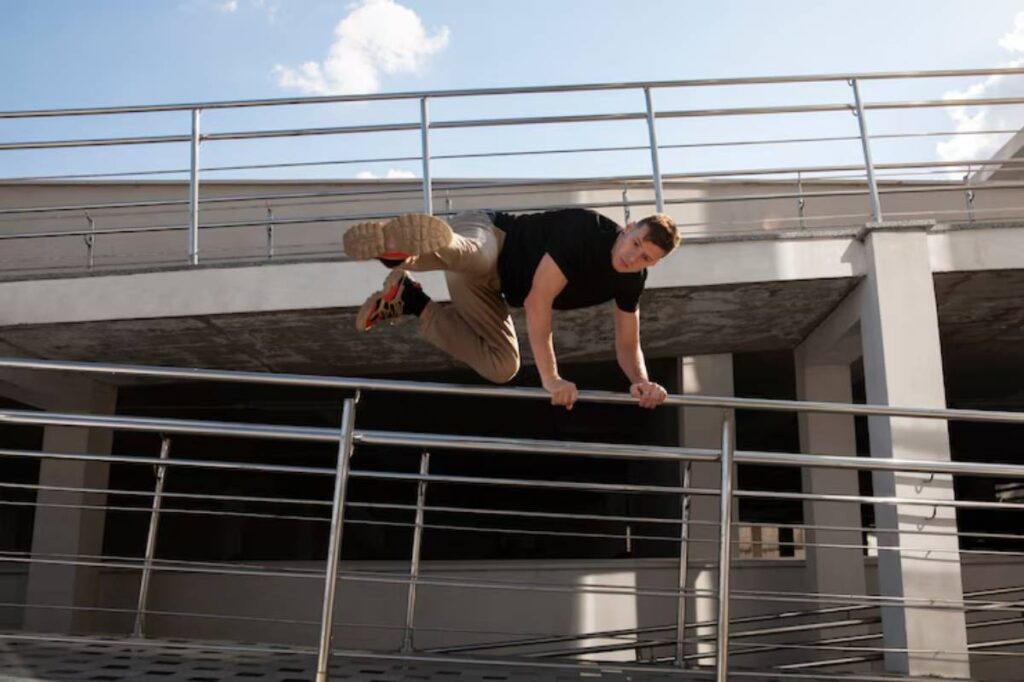 A person performs a fluid parkour move, swinging over a railing on a modern building's upper level under a clear blue sky.