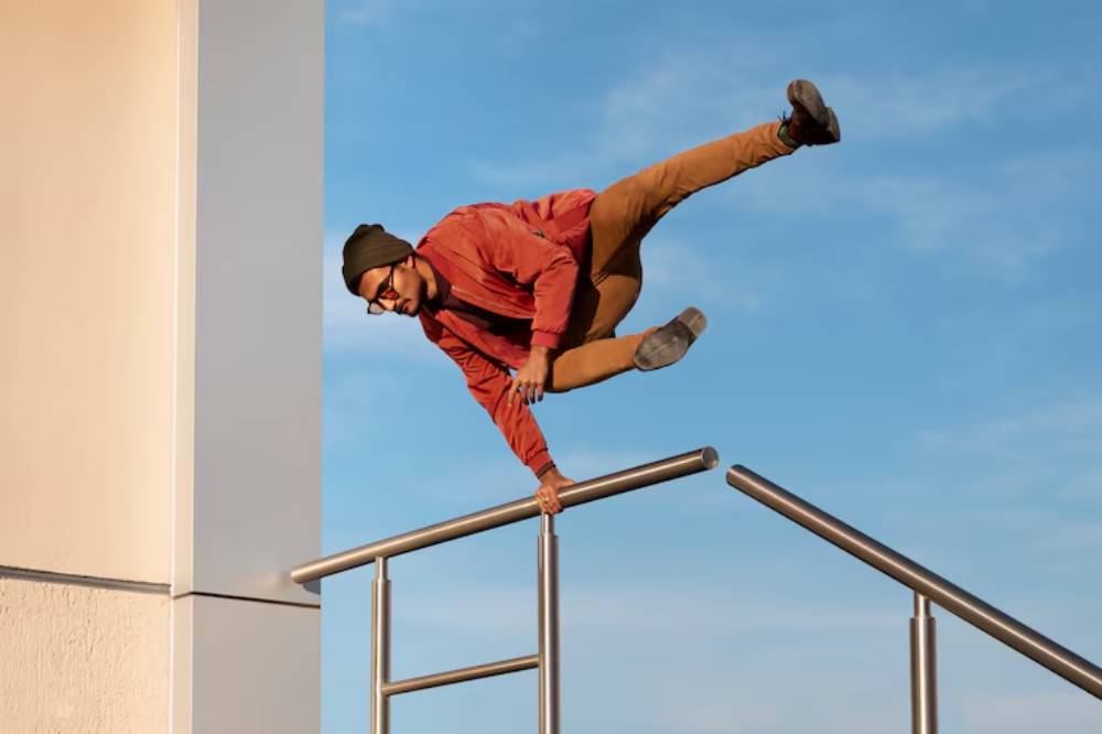 A man in a red jacket and beanie performs parkour, balancing on a railing against a blue sky backdrop.