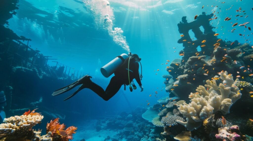 A scuba diver explores vibrant coral reefs and marine life under clear blue waters, with sunbeams filtering through the surface.
