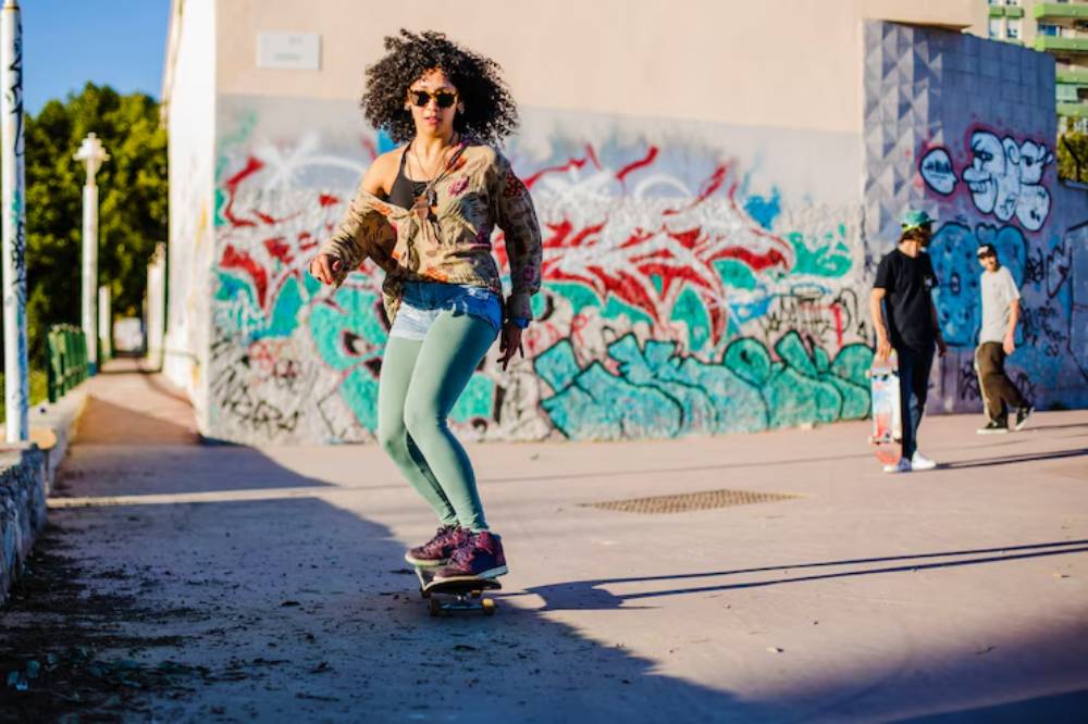 A skateboarder rides on a sunlit path, surrounded by vibrant graffiti, while two other skaters socialize in the background.