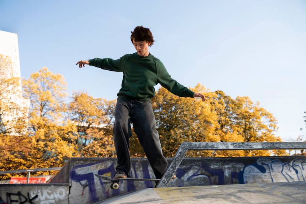 A skateboarder balances on a rail in an urban skate park, surrounded by autumn trees and vibrant graffiti.