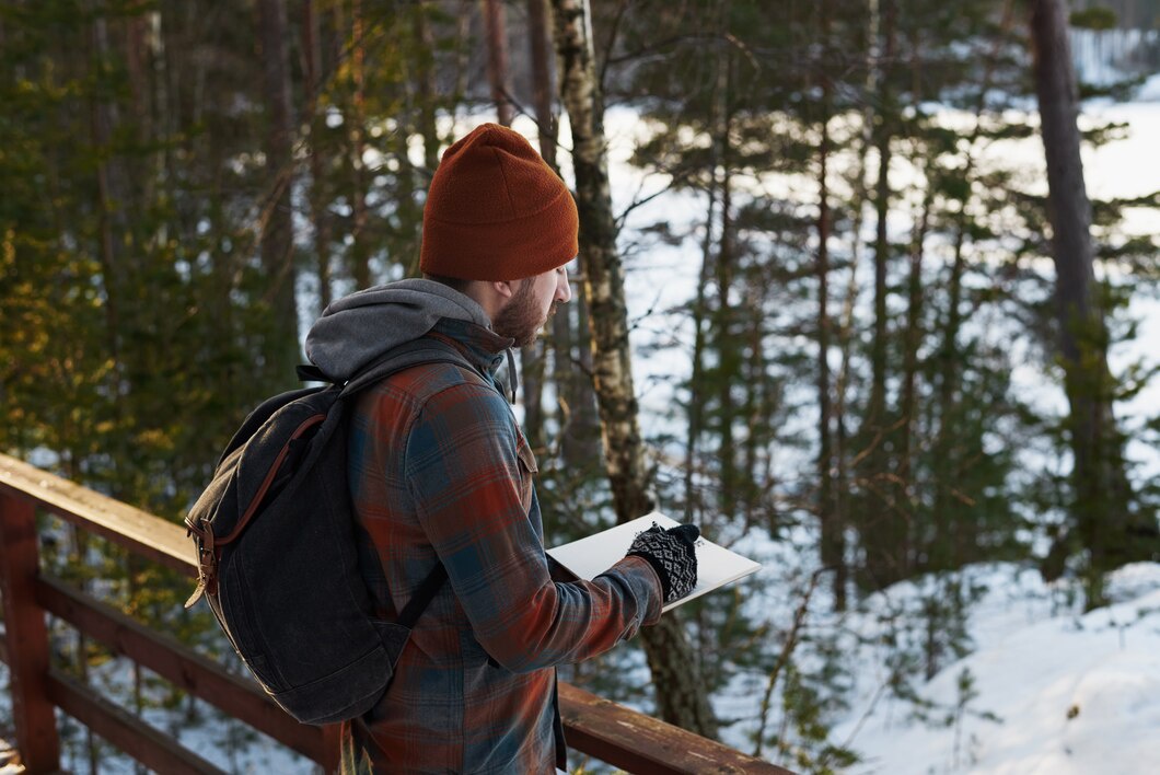 A person in a plaid shirt and beanie stands on a wooden deck, sketching amid a snowy forest landscape.
