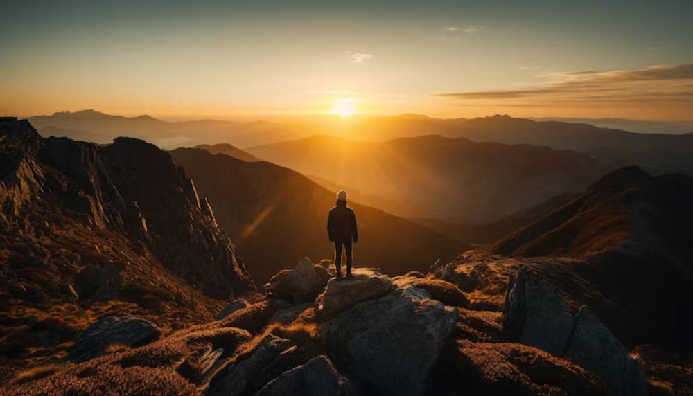 A lone figure stands on a rocky peak, gazing at a majestic sunrise over distant mountains, surrounded by soft, glowing light.