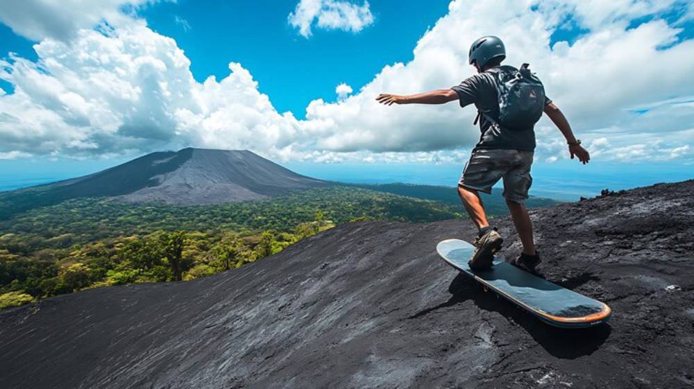 A person skateboards down a volcanic slope with a lush landscape and a distant volcano under a bright blue sky.