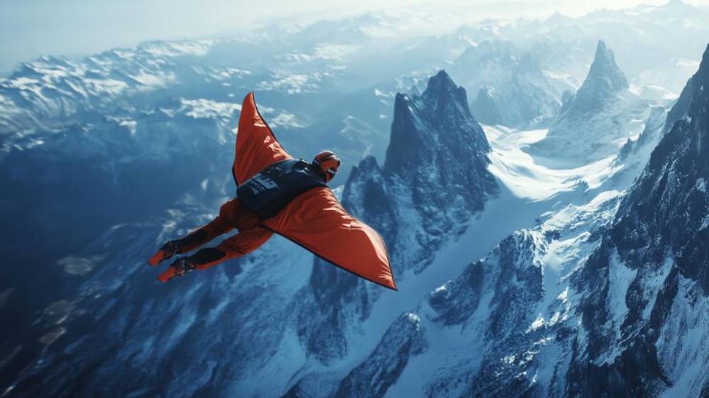 A wingsuit flyer glides over majestic snow-capped mountains, showcasing the thrill of extreme sports amidst breathtaking scenery.