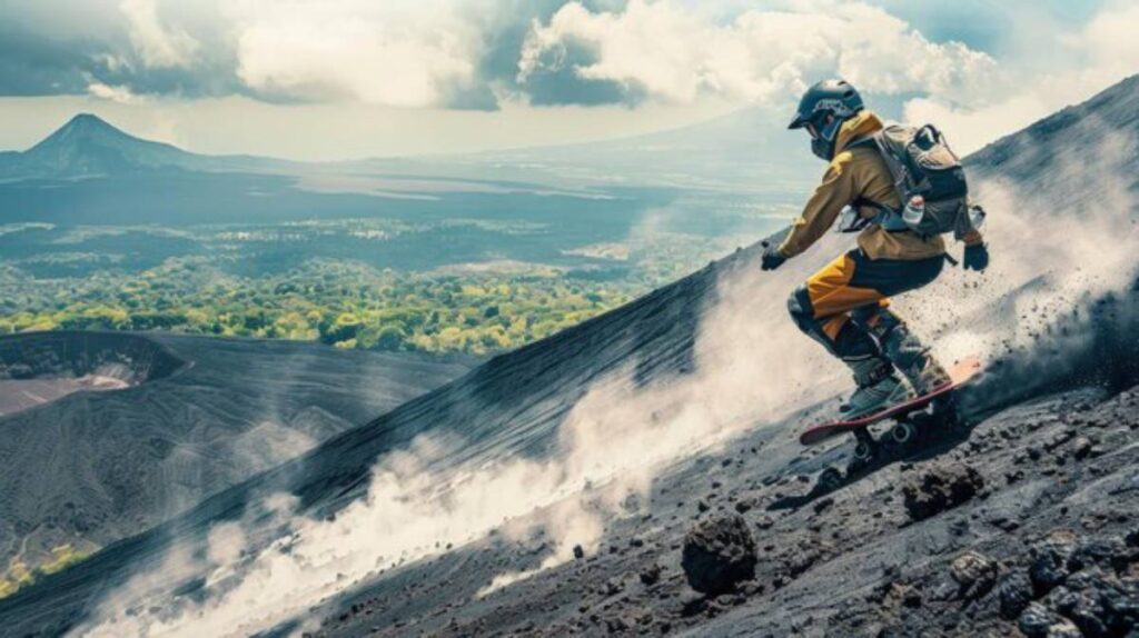 A person snowboarding down a volcanic slope, with smoke and ash rising, against a backdrop of lush landscapes and distant mountains.