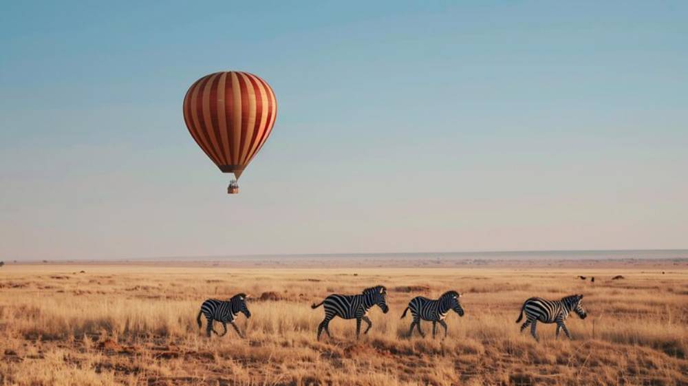 A colorful hot air balloon floats over a savannah while four zebras roam across the golden grasslands under a clear blue sky.