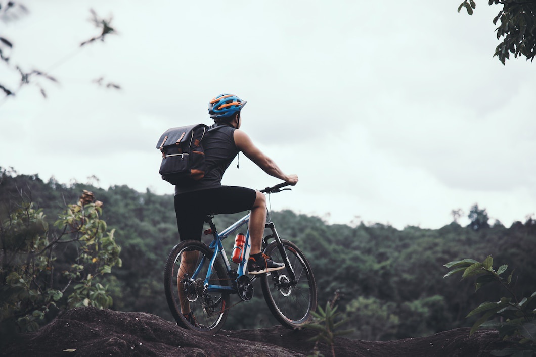 A cyclist in a bright helmet and backpack pauses on a rocky outcrop, gazing at the lush green landscape under a cloudy sky.