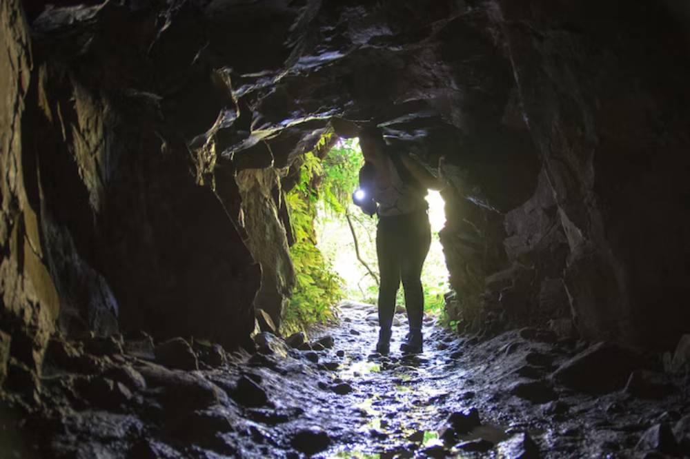 A person stands at the entrance of a cave, surrounded by rocky walls, with lush greenery and bright light visible outside.